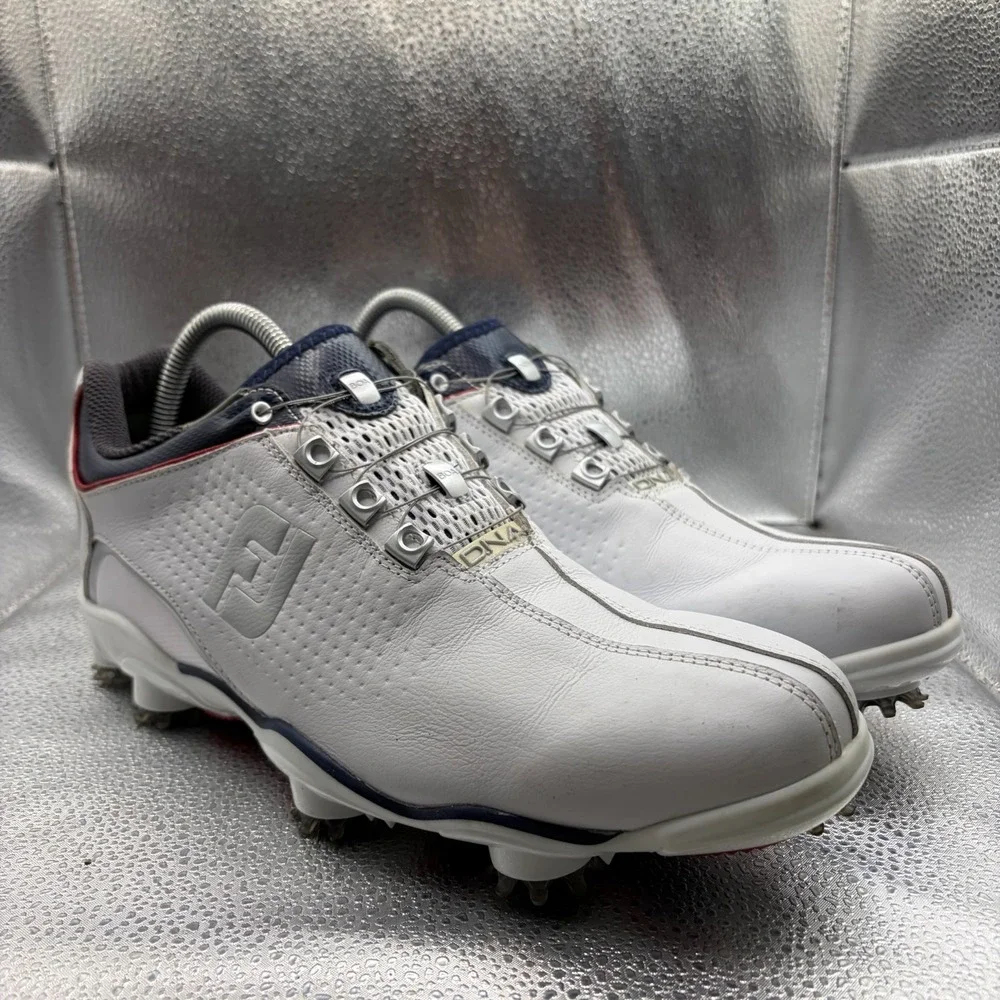 Size 8.5N FootJoy DNA Helix BOA White Navy Mens Comfort Spiked Golf Shoes 53344